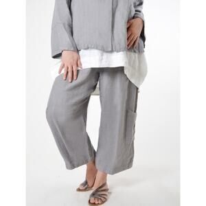 BRYN WALKER Linen Gray CASBAH PANT Wide Leg Crop Pocket Lantern Lagenlook Sz M